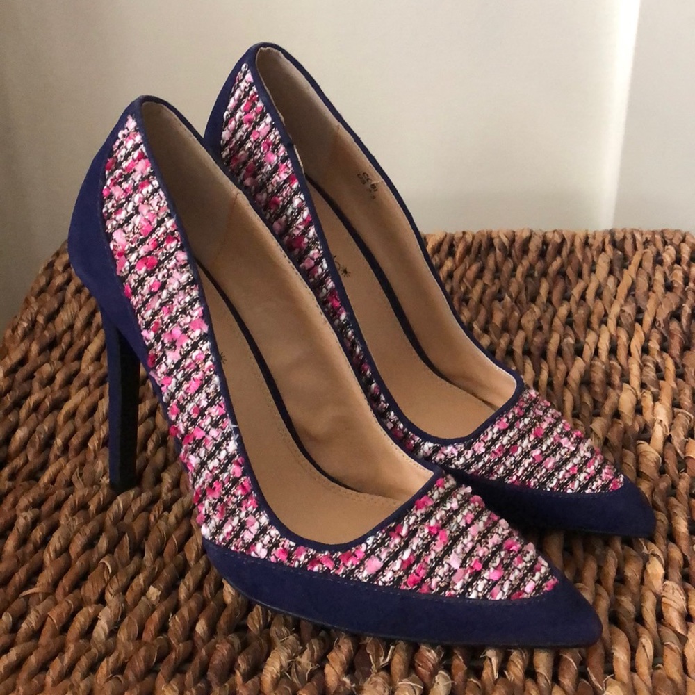 Shoedazzle Cobi blue suede  tweed spike 4” heels